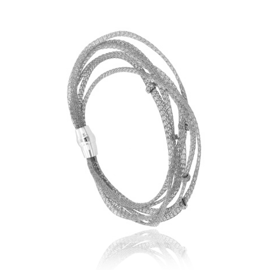 BRACCIALE MAGLIA CALZA 6 FILI CON ZIRCONI E CHIUSURA A CALAMITA IN ARGENTO RODIATO TIT 925