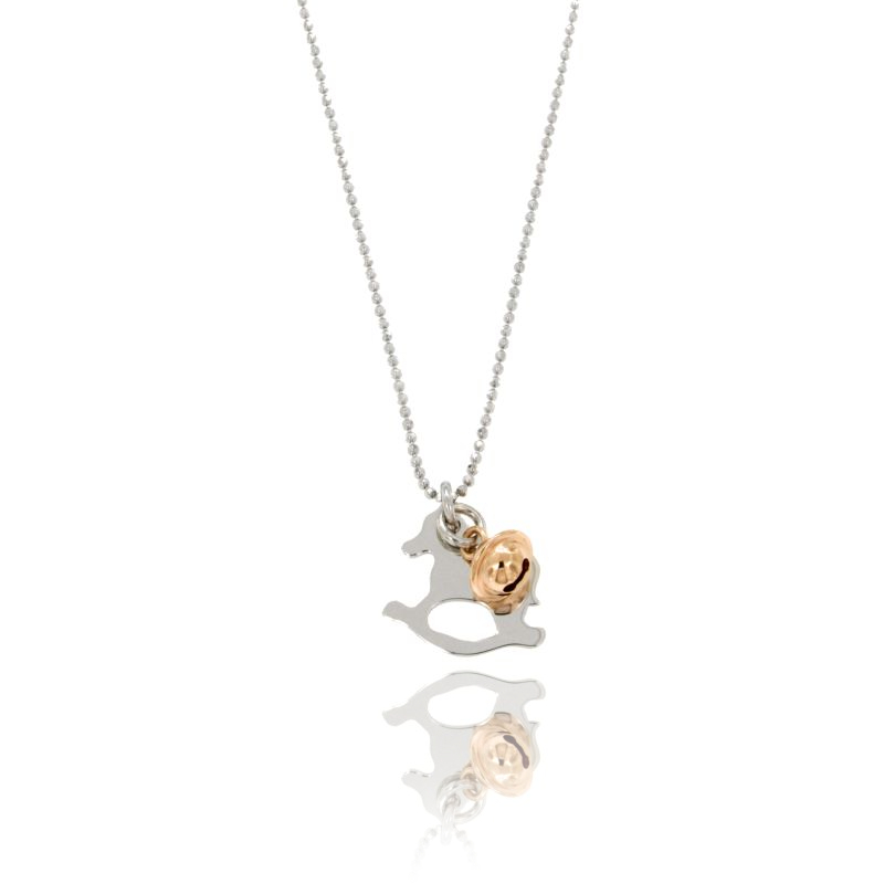 CATENA PALLINA FACCETTATA CON CAVALLO A DONDOLO E CAMPANELLINO IN ARGENTO RODIATO E RAMATO TIT 925‰ CM 45-50