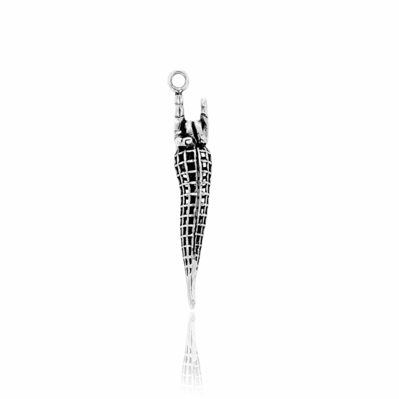 CIONDOLO CORNO A RETE MM 48X9 CON MANO CORNA IN ARGENTO MICROFUSO BRUNITO TIT 800‰