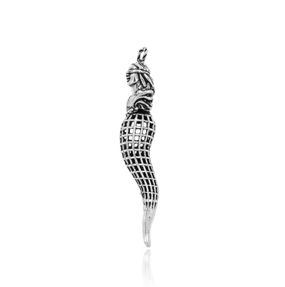 CIONDOLO CORNO A RETE MM 77X13 CON MANO CORNA IN ARGENTO MICROFUSO BRUNITO TIT 800‰