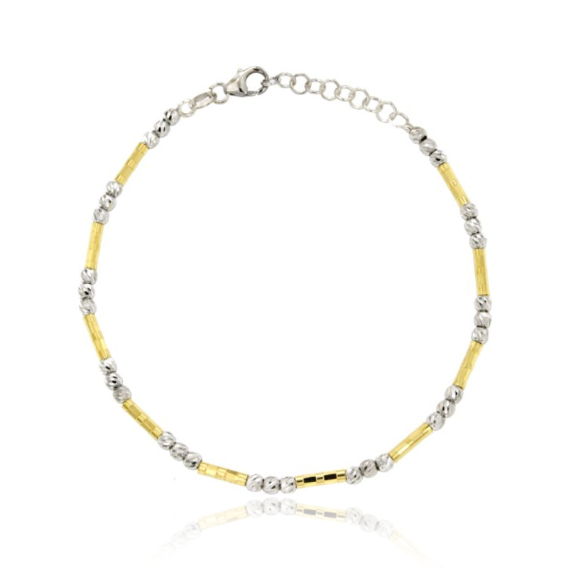 BRACCIALE CON SFERE MM 3 E CILINDRETTI DIAMANTATI IN ARGENTO RODIATO E DORATO TIT 925‰ CM 17-21
