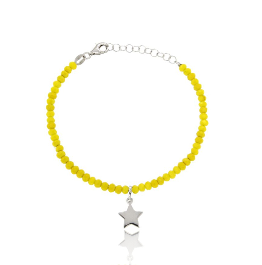BRACCIALE CON RONDELLE DI PIETRE IDROTERMALI FACCETTATE E STELLA PENDENTE IN ARGENTO RODIATO TIT 925 CM 16-19
