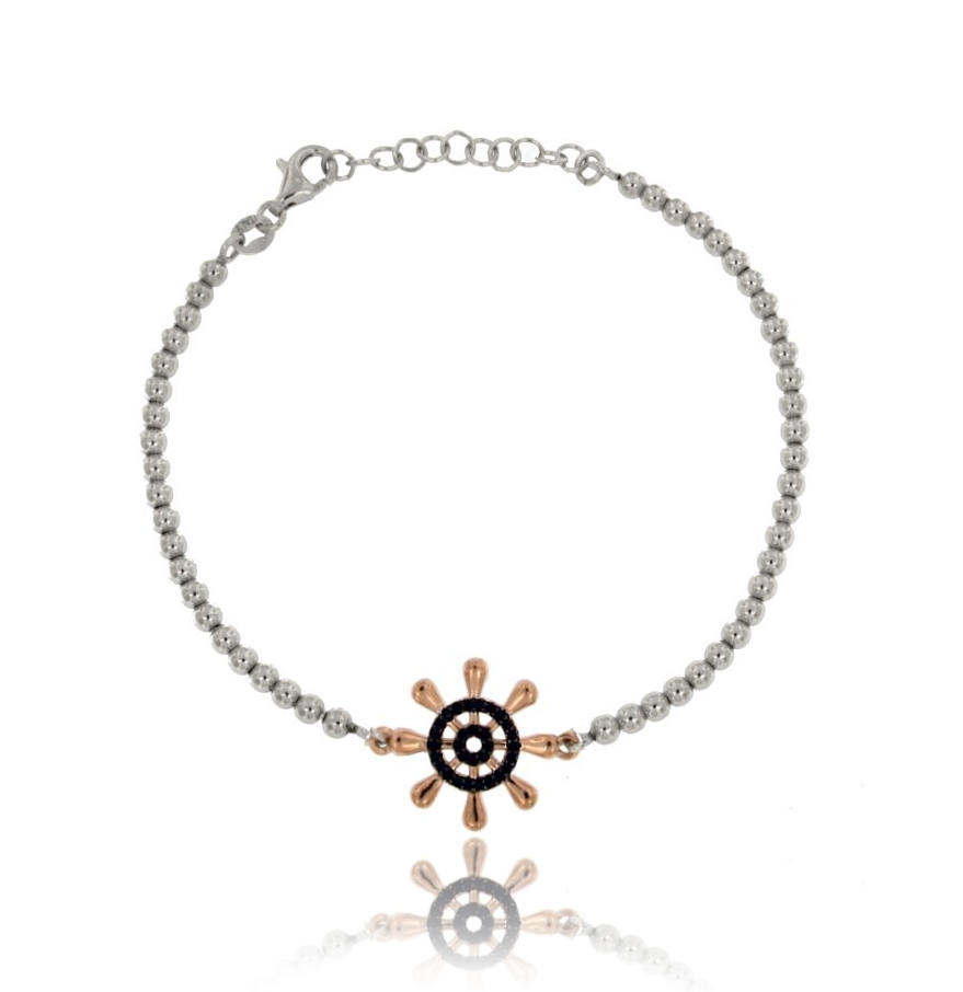 BRACCIALE CON SFERE MM 3 E TIMONE CENTRALE IN ARGENTO TIT 925 E ZIRCONI CM 18-21