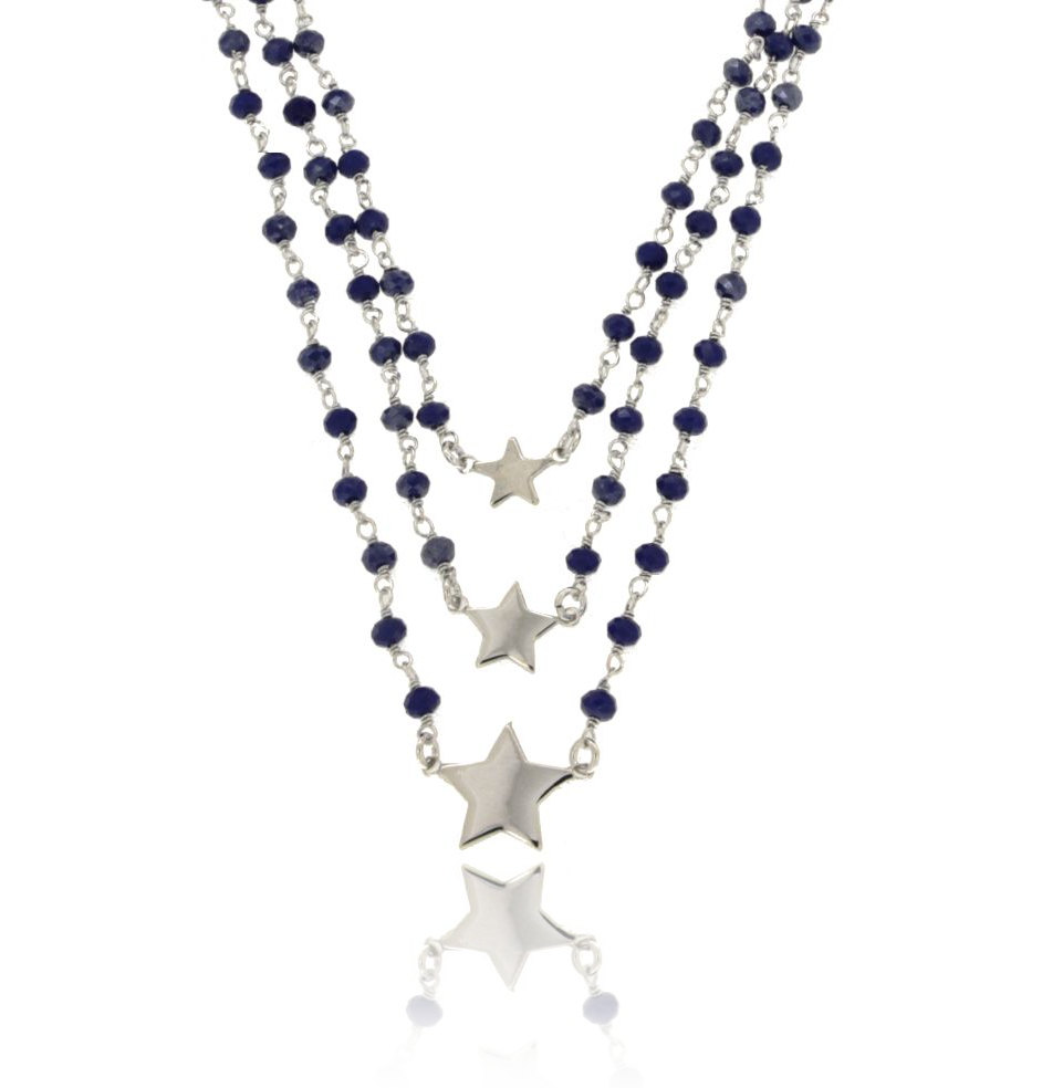 COLLANA A 3 FILI DEGRADE CON RONDELLE DI AGATA BLU FACCETTATA E STELLE PENDENTI IN ARGENTO RODIATO TIT 925‰ CM 40-43-46