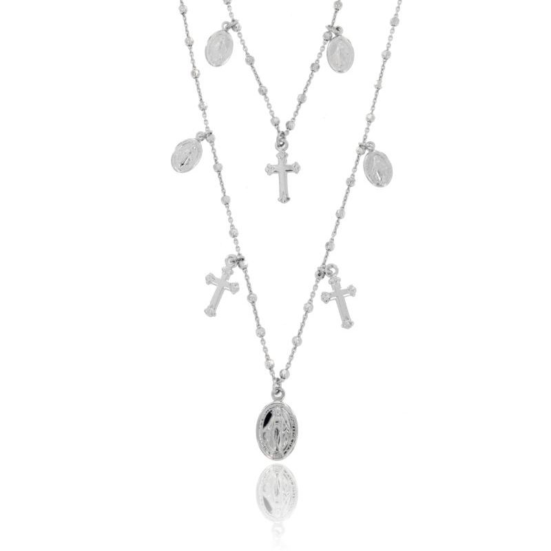 CATENA FORZATINA CON CUBETTI A 2 FILI CON CROCI E MADONNINE PENDENTI IN ARGENTO RODIATO TIT 925‰ CM 50
