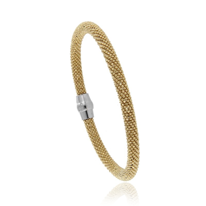 BRACCIALE SEMIRIGIDO CON MICRO PALLINE FACCETTATE IN ARGENTO DORATO E RODIATO TIT 925 CON CHIUSURA A CALAMITA