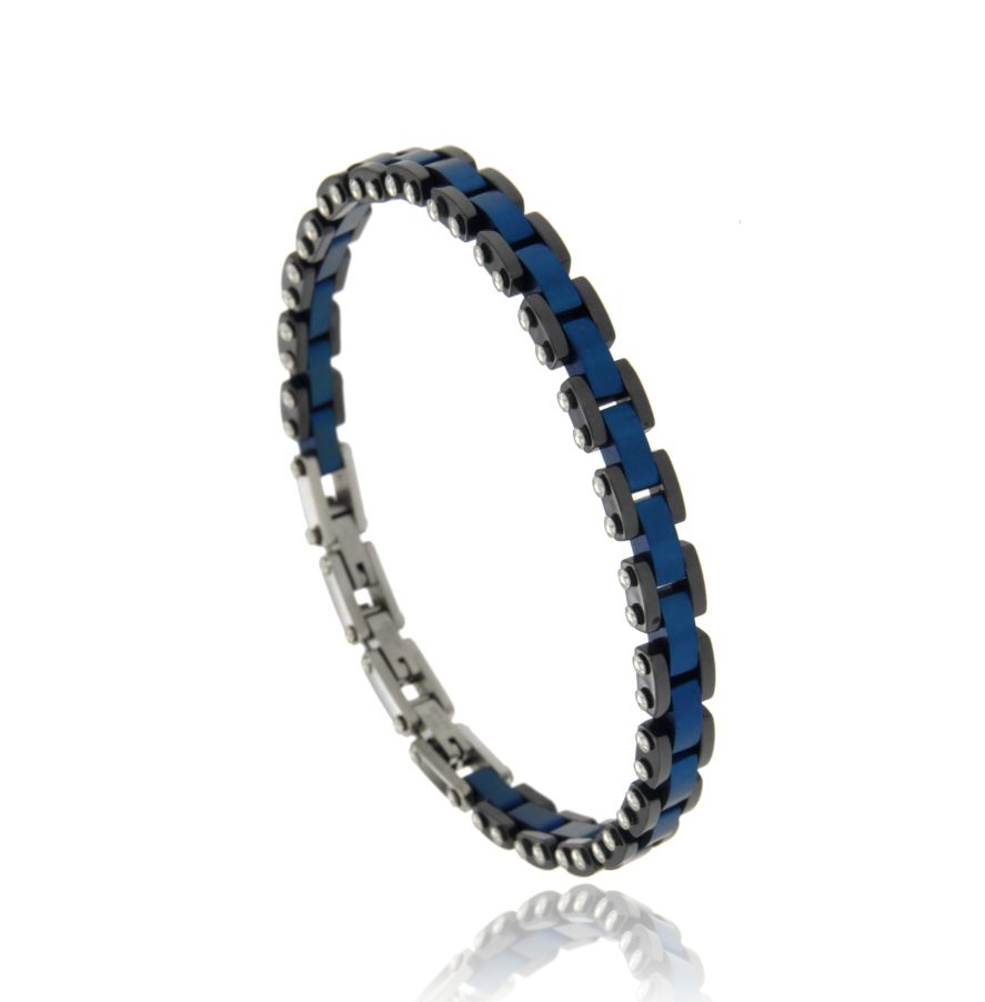 BRACCIALE IN ACCIAIO, CERAMICA NERA E BLU CM 21