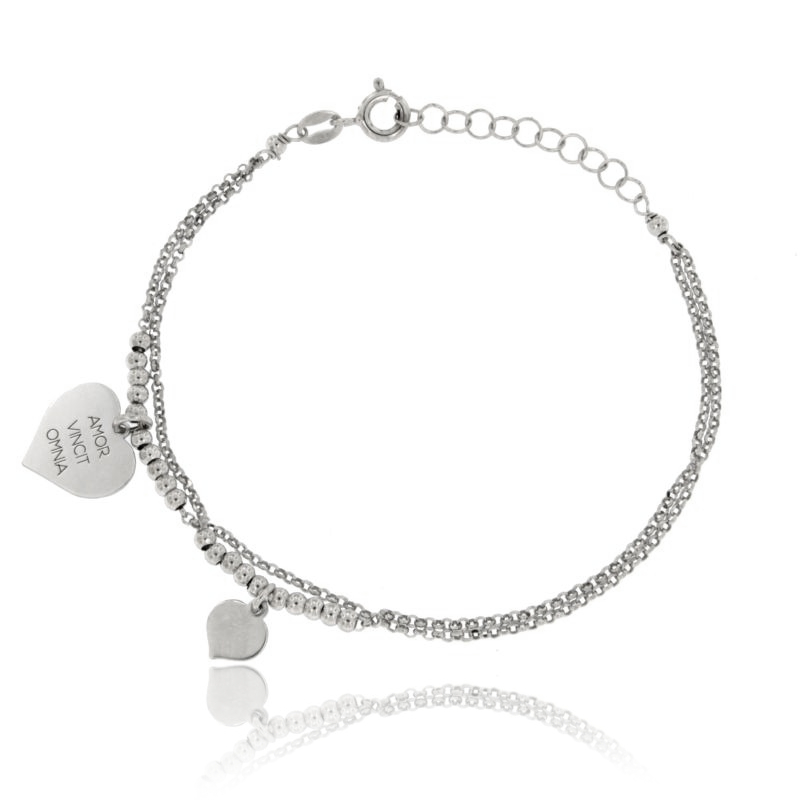 BRACCIALE ROLO' A 2 FILI CON PALLINE E CUORE CENTRALE AMOR VINCIT OMNIA IN ARGENTO RODIATO CM 16-19