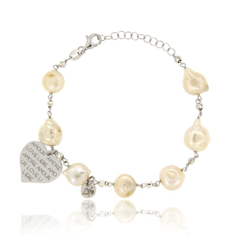 BRACCIALE CON PERLE BAROCCHE E CUORE PENDENTE AMORE IN ARGENTO RODIATO CM 16-19