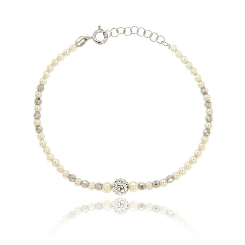 BRACCIALE CON PERLINE MM 3 E SFERA CON STRASS IN ARGENTO RODIATO TIT 925 CM 17-19