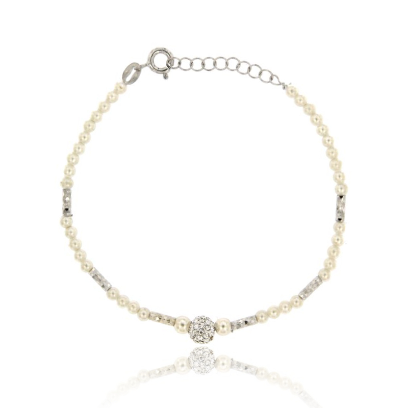 BRACCIALE CON PERLINE MM 3 E SFERA CON STRASS IN ARGENTO RODIATO TIT 925 CM 17-19