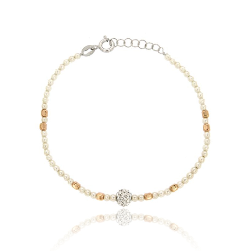 BRACCIALE CON PERLINE MM 2,5 E SFERA CON STRASS IN ARGENTO RODIATO E RAMATO TIT 925 CM 17-19