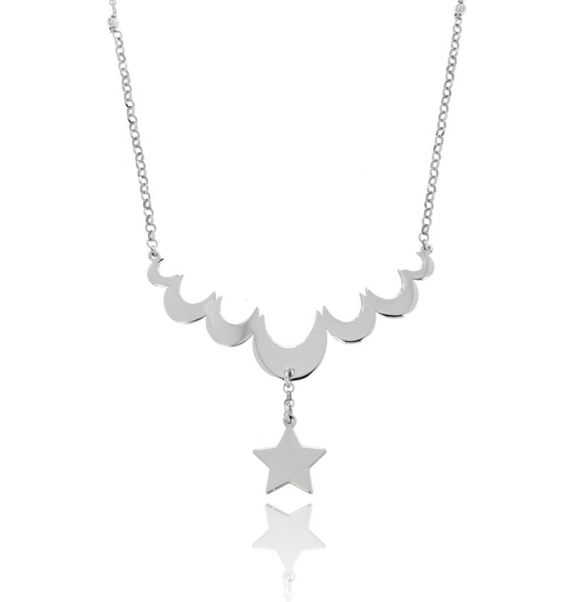 COLLANA ROLO' CON ARCHETTO 7 LUNE E 1 STELLA IN ARGENTO RODIATO TIT 925‰ CM 45-50