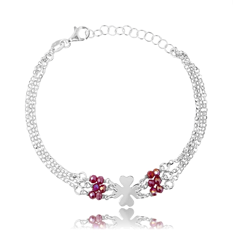 BRACCIALE ROLO' CON QUADRIFOGLIO CENTRALI E PIETRE IN ARGENTO RODIATO TIT 925‰ CM 17-20