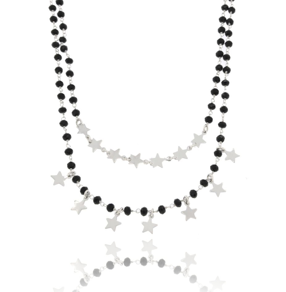 COLLANA CON PIETRE A 2 FILI CON STELLE IN ARGENTO RODIATO TIT 925‰ CM 39-44