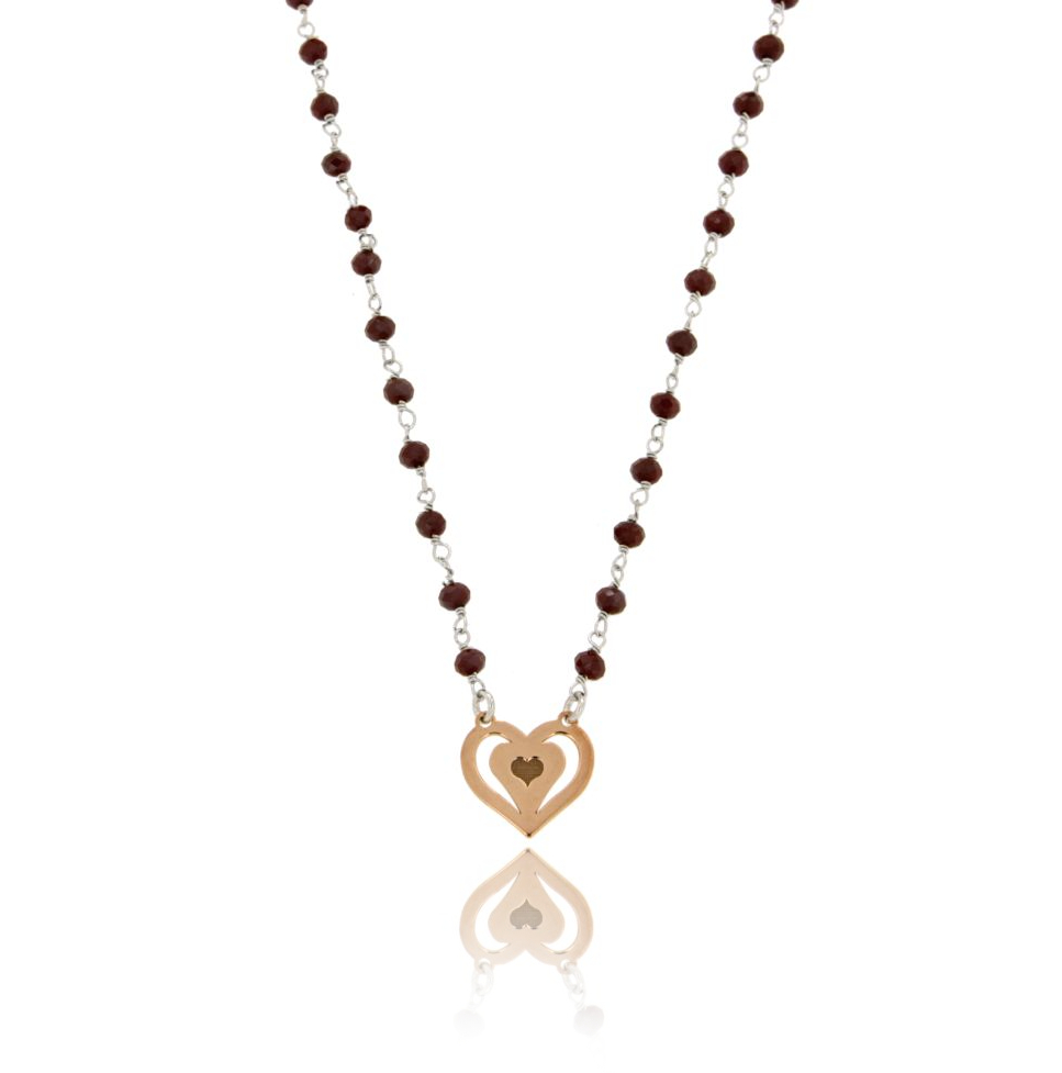 COLLANA ROLO' CON CUORE CENTRALE E PIETRE IN ARGENTO RODIATO E RAMATO TIT 925‰ CM 40-45