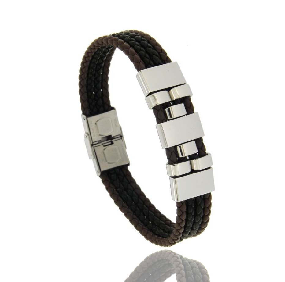 BRACCIALE IN TRECCIA A 4 FILI DI CUOIO E ACCIAIO CM 21