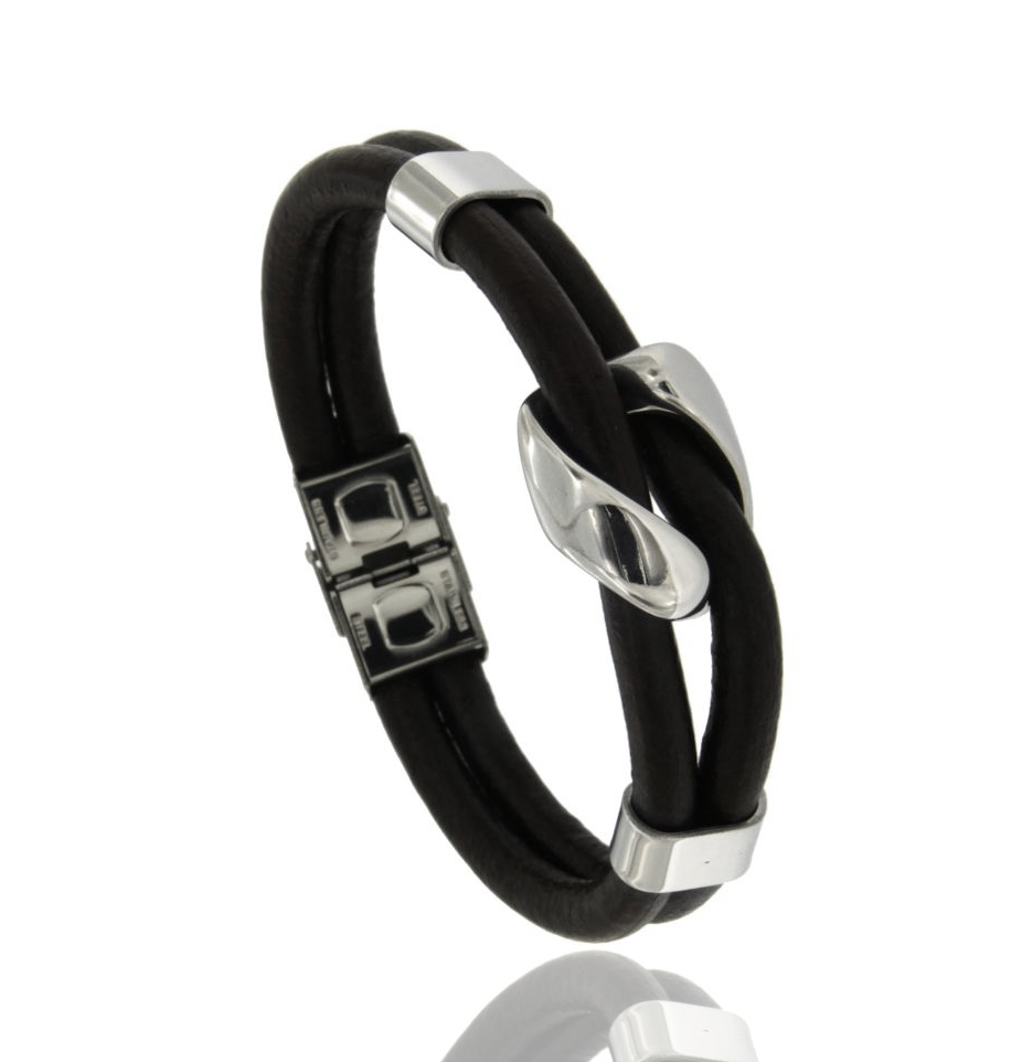 BRACCIALE IN CUOIO A 2 FILI CON FIBBIA CENTRALE IN ACCIAIO CM 21