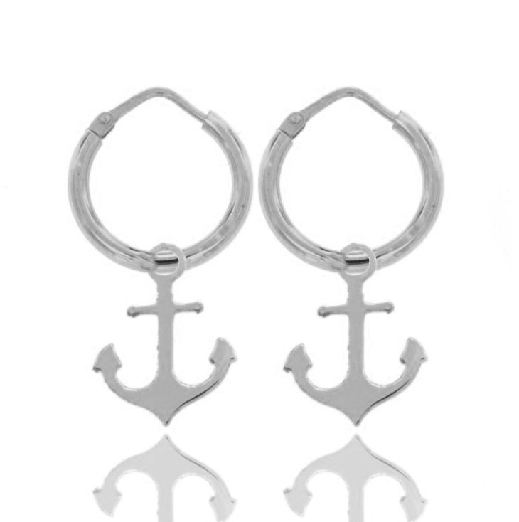 ORECCHINI A CERCHIO DIAMETRO MM 12 A CANNA TONDA MM 2 CON ANCORA PENDENTE IN ARGENTO TIT 925