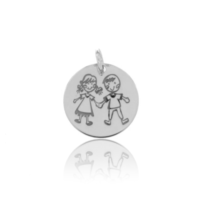 CIONDOLO TONDO MM 18 BIMBA E BIMBO IN ARGENTO RODIATO TIT 925