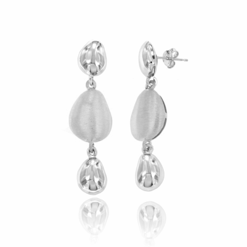 ORECCHINI PENDENTI CON TRE SASSI IN ARGENTO RODIATO E SATINATO TIT 925‰