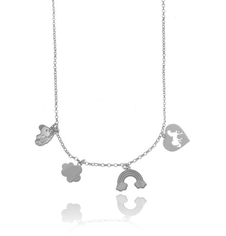 COLLANA ROLO' CON UNICORNO, NUVOLA, ARCOBALENO E CUORE PENDENTE IN ARGENTO TIT 925 CM 40-45