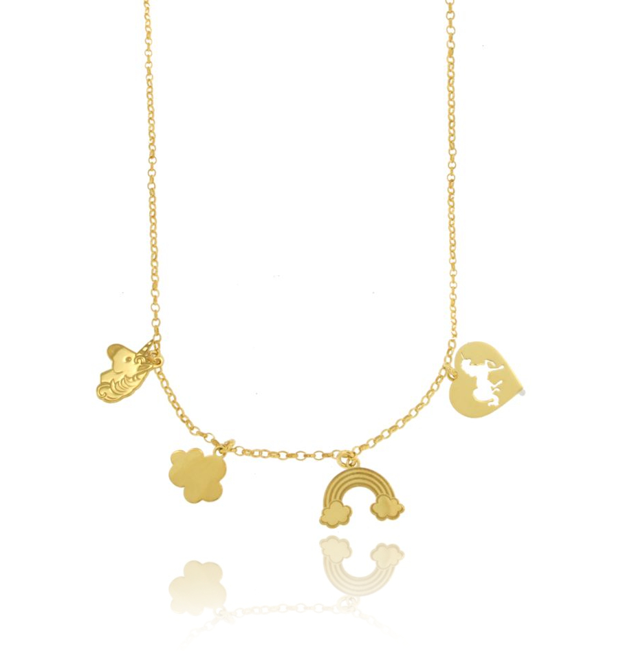 COLLANA ROLO' CON UNICORNO, NUVOLA, ARCOBALENO E CUORE PENDENTE IN ARGENTO TIT 925 CM 40-45