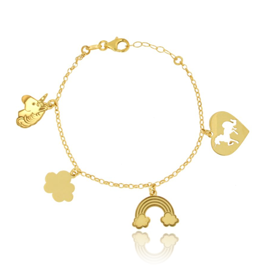 BRACCIALE ROLO' CON UNICORNO, NUVOLA, ARCOBALENO E CUORE PENDENTE IN ARGENTO DORATO TIT 925‰ CM 18-20