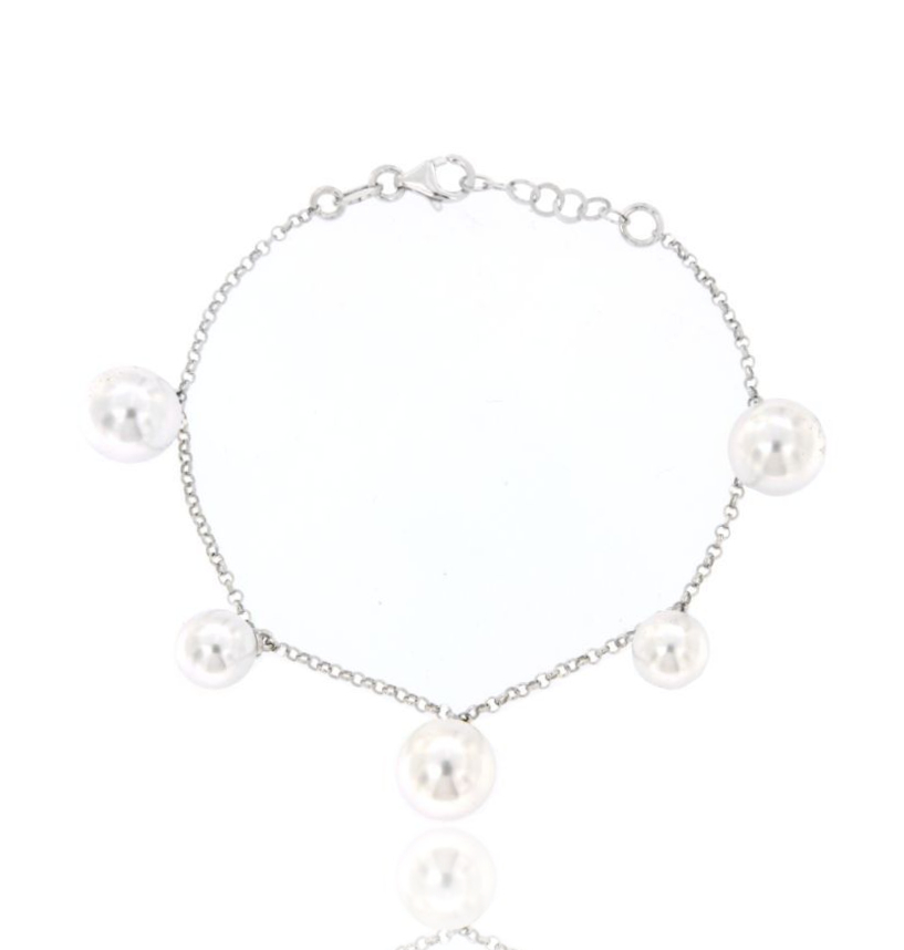 BRACCIALE ROLO' CON 5 PERLE PENDENTI IN ARGENTO RODIATO TIT 925 CM 18-20