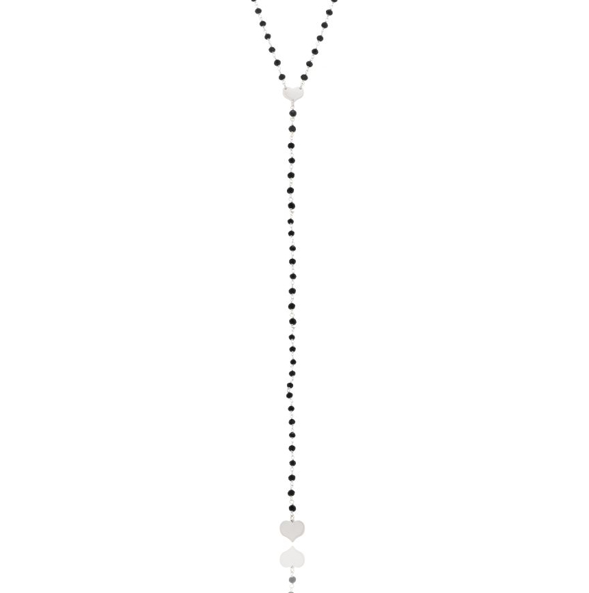 COLLANA A CRAVATTA CON PIETRE FACCETTATE NERE E CUORI IN ARGENTO RODIATO TIT 925‰ CM 40-43