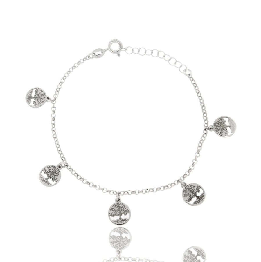 BRACCIALE ROLO' E 5 ALBERI DELLA VITA PENDENTI IN ARGENTO RODIATO TIT 925‰ CM 17-20