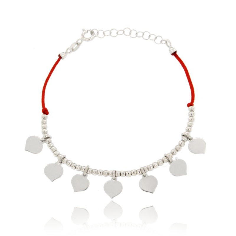 BRACCIALE CON SETA CERATA ROSSA, SFERE E CUORI PENDENTI IN ARGENTO RODIATO TIT 925‰ CM 17-20