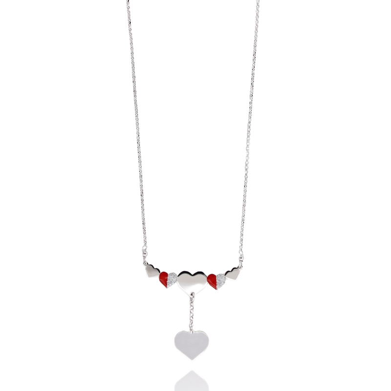 COLLANA ROLO' CON CUORI CENTRALI IN ARGENTO RODIATO TIT 925‰ SMALTO E GLITTER CM 40-45