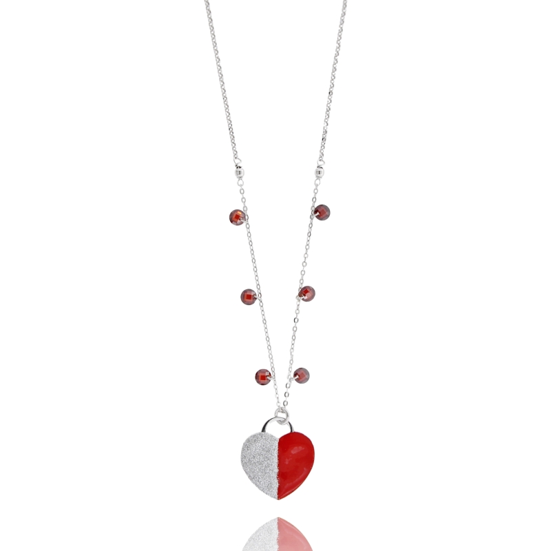 COLLANA FORZATINA CON CUORE, ZIRCONI, SMALTO E GLITTER IN ARGENTO RODIATO TIT 925‰ CM 40-45