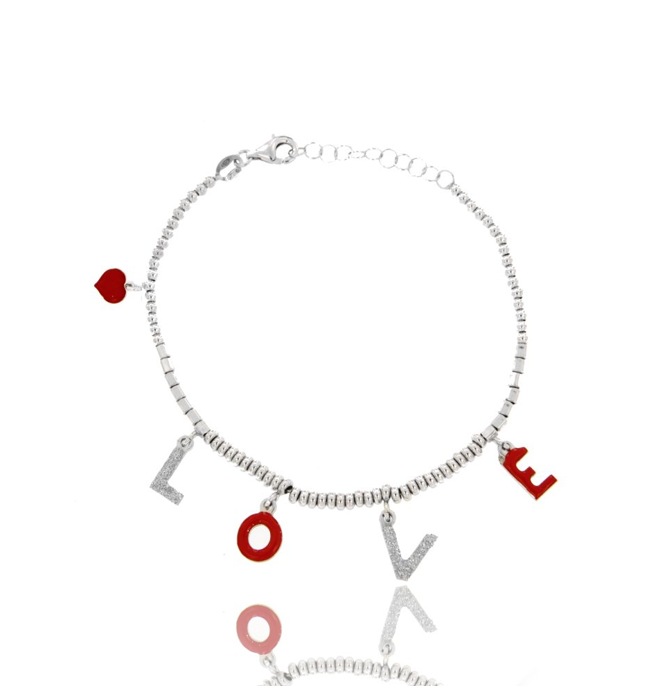 BRACCIALE CON SFERE E PEPITE LOVE IN ARGENTO RODIATO TIT 925 SMALTO CM 17-20