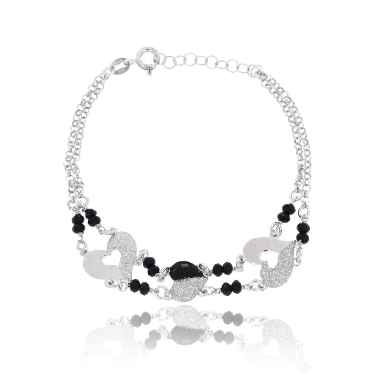 BRACCIALE FORZATINA CON CUORI IN ARGENTO RODIATO TIT 925‰ GLITTER, ONICE E SMALTO CM 17-20