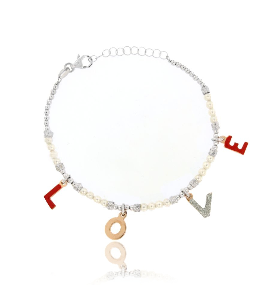 BRACCIALE CON SFERE E PERLINE LOVE IN ARGENTO RODIATO E RAMATO TIT 925‰ GLITTER E SMALTO CM 17-20