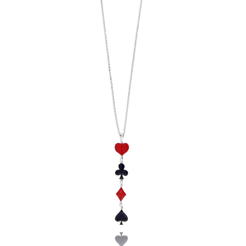 COLLANA ROLO' CON SIMBOLI CARTE FRANCESI IN ARGENTO RODIATO TIT 925‰ E SMALTO CM 40-45