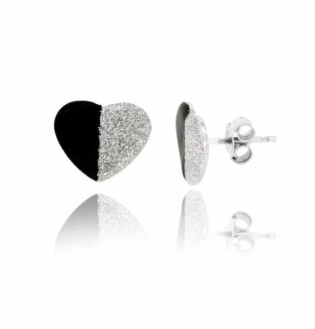 ORECCHINI A LOBO CUORE MM 10X12 IN ARGENTO RODIATO TIT 925 GLITTER E SMALTO