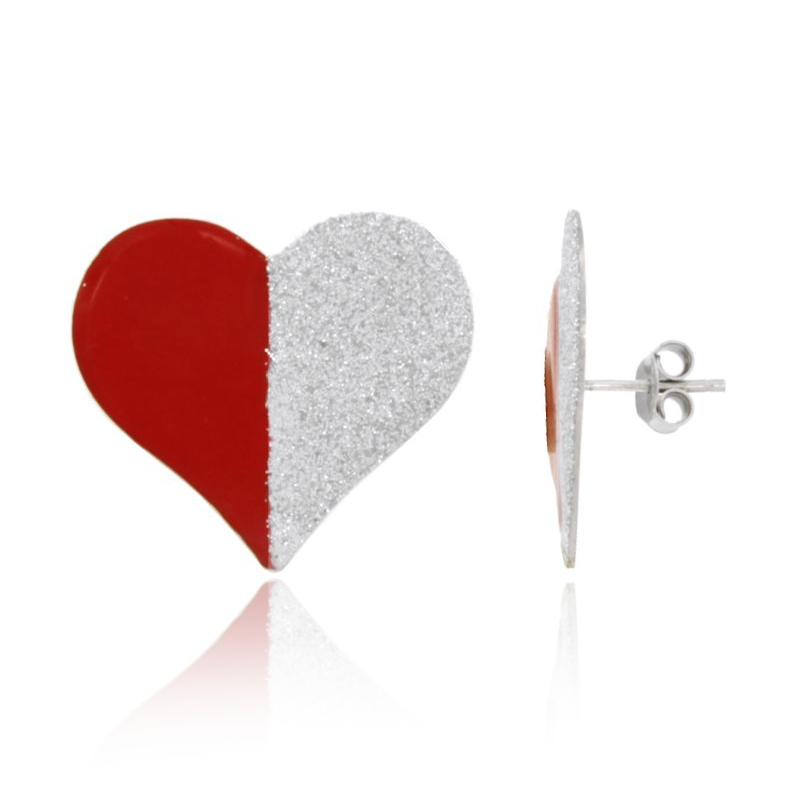 ORECCHINI A LOBO CUORE IN ARGENTO RODIATO TIT 925 GLITTER E SMALTO