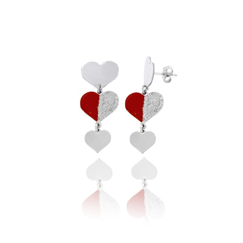 ORECCHINI PENDENTI 3 CUORI IN ARGENTO RODIATO TIT 925 GLITTER E SMALTO