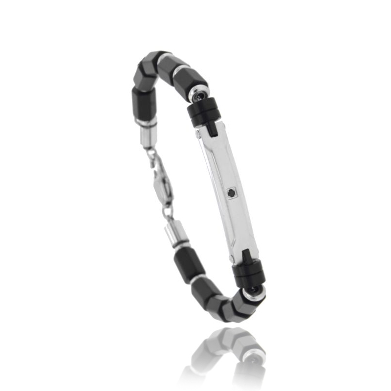 BRACCIALE A CILINDRETTI CON TARGA CENTRALE E ZIRCONE IN ACCIAIO CON PARTICOLARI PLACCATI RUTENIO CM 21