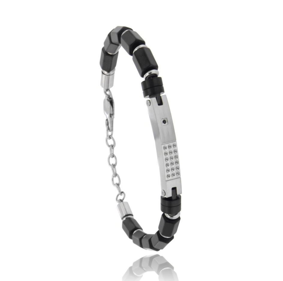 BRACCIALE A CILINDRETTI CON TARGA CENTRALE E ZIRCONE IN ACCIAIO CON PARTICOLARI PLACCATI RUTENIO CM 21