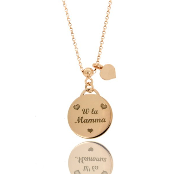 COLLANA ROLO' CON PENDENTE W LA MAMMA E CUORE IN ARGENTO ROSATO TIT 925‰ CM 40-45