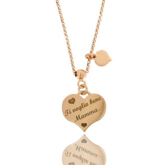 COLLANA ROLO' CON PENDENTE TI VOGLIO BENE MAMMA E CUORE IN ARGENTO ROSATO TIT 925‰ CM 40-45