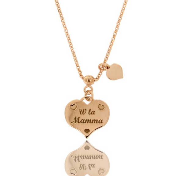 COLLANA ROLO' CON PENDENTE W LA MAMMA E CUORE IN ARGENTO ROSATO TIT 925‰ CM 40-45