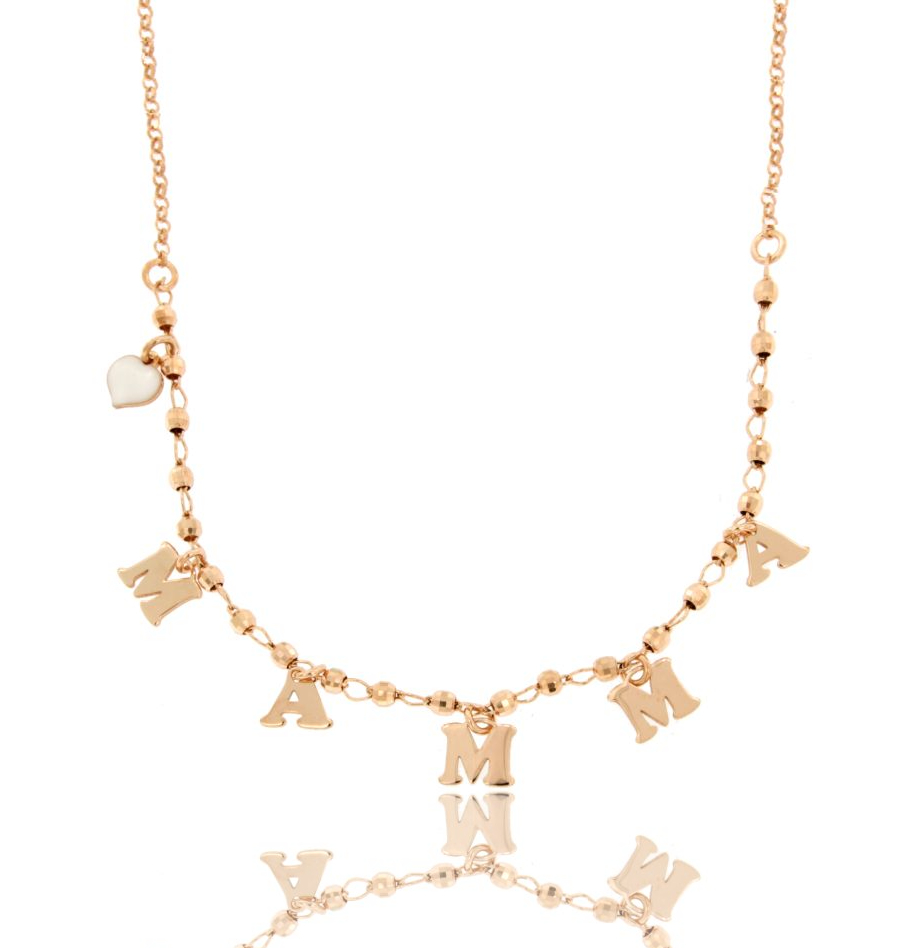 COLLANA CON SFERE FACCETTATE, CON SCRITTA MAMMA E CUORE PENDENTE SMALTATO IN ARGENTO TIT 925‰ CM 40-45