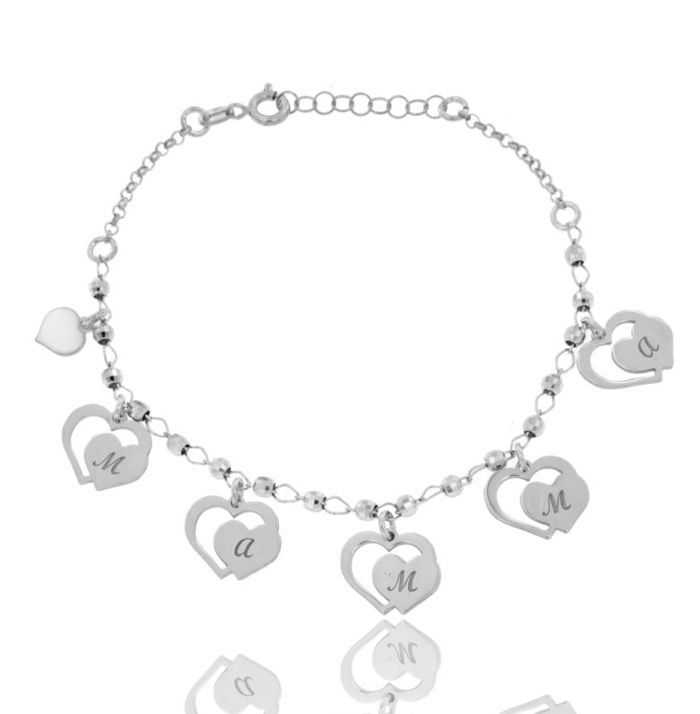 BRACCIALE CON SFERE, CUORI MAMMA E CUORE SMALTATO PENDENTE IN ARGENTO TIT 925‰ CM 17-20