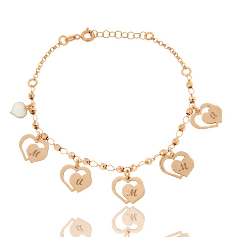 BRACCIALE CON SFERE, CUORI MAMMA E CUORE SMALTATO PENDENTE IN ARGENTO TIT 925‰ CM 17-20