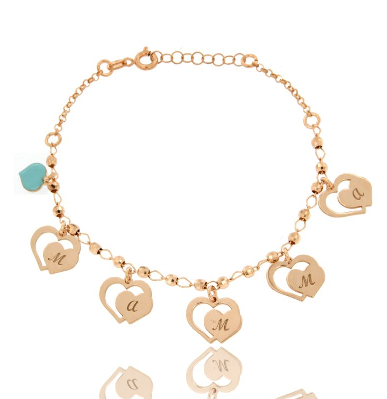 BRACCIALE CON SFERE, CUORI MAMMA E CUORE SMALTATO PENDENTE IN ARGENTO TIT 925‰ CM 17-20